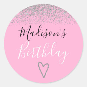 Girly Pink Silver Glitter Sparkles Heart Birthday Classic Round Sticker