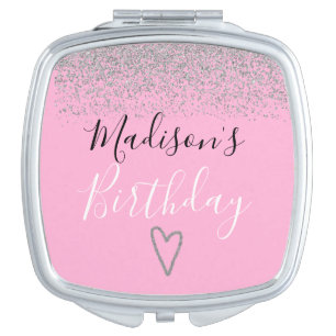 Girly Pink Silver Glitter Sparkles Heart Birthday Compact Mirror
