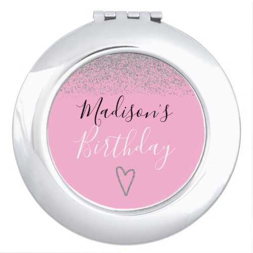 Girly Pink Silver Glitter Sparkles Heart Birthday Compact Mirror