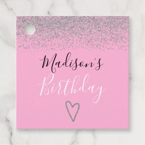 Girly Pink Silver Glitter Sparkles Heart Birthday Favor Tags