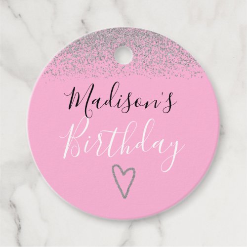 Girly Pink Silver Glitter Sparkles Heart Birthday Favor Tags
