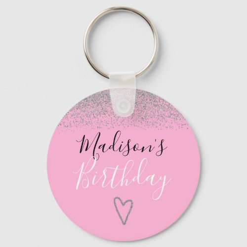 Girly Pink Silver Glitter Sparkles Heart Birthday Keychain