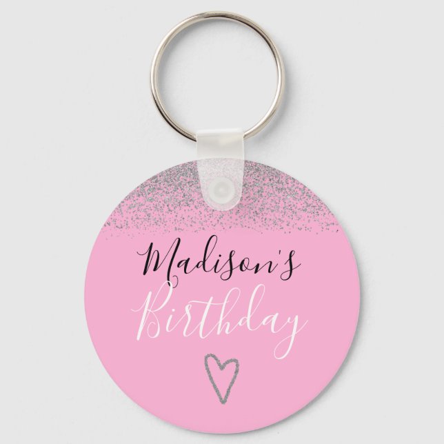 Girly Pink Silver Glitter Sparkles Heart Birthday Keychain (Front)