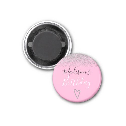 Girly Pink Silver Glitter Sparkles Heart Birthday Magnet