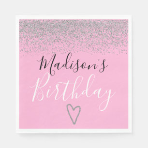 Girly Pink Silver Glitter Sparkles Heart Birthday Napkins