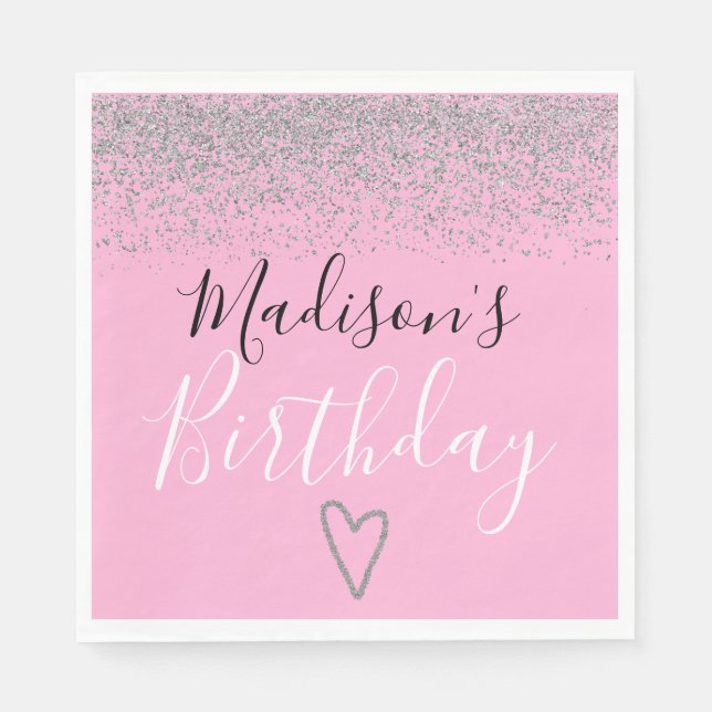 Girly Pink Silver Glitter Sparkles Heart Birthday Napkins (Front)