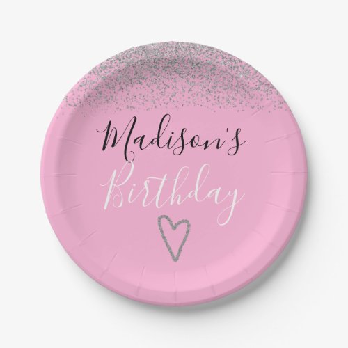 Girly Pink Silver Glitter Sparkles Heart Birthday Paper Plates