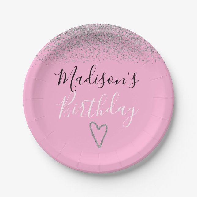 Girly Pink Silver Glitter Sparkles Heart Birthday Paper Plates (Front)