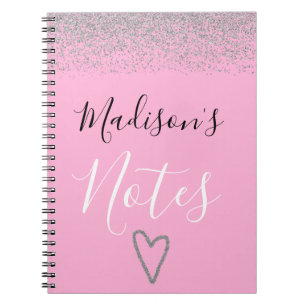 Girly Pink & Silver Glitter Sparkles Heart Notes Notebook