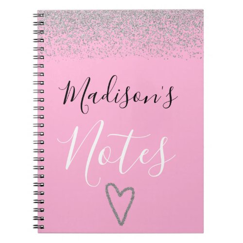 Girly Pink  Silver Glitter Sparkles Heart Notes Notebook