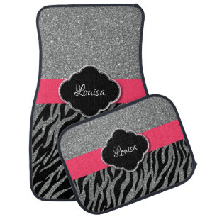 Girly Pink Silver Glitter Zebra Pattern Glamorous Car Floor Mat