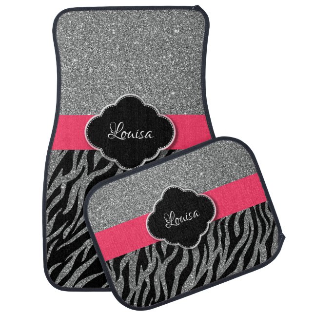Girly Pink Silver Glitter Zebra Pattern Glamorous Car Floor Mat (Set)