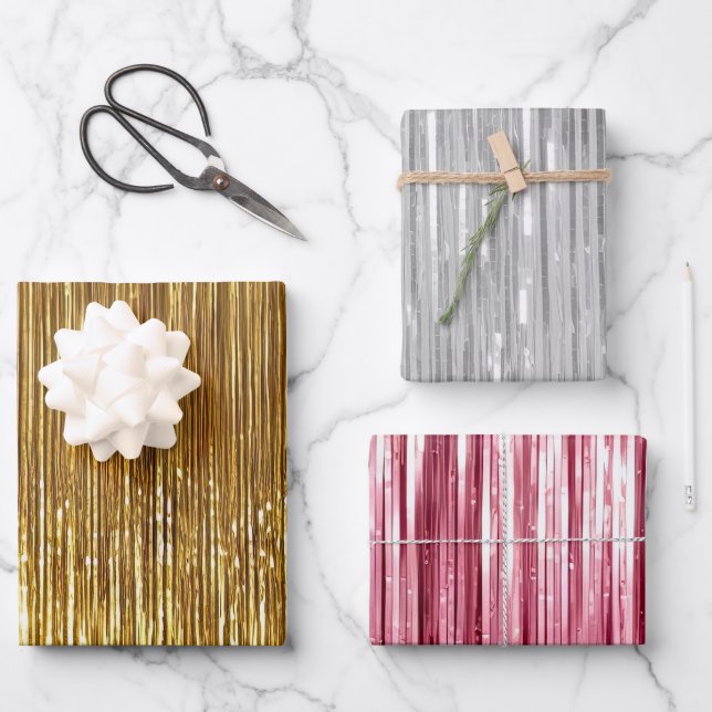 Girly Pink Silver Gold Glam Tinsel Stripes  Wrapping Paper Sheets (Front)