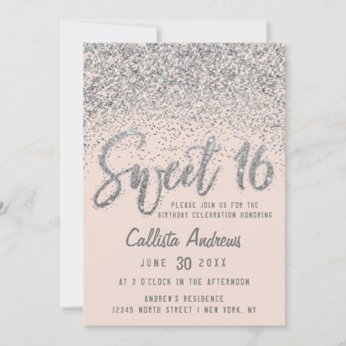 Girly Pink Silver Scattered Glitter Ombre Sweet 16 Invitation