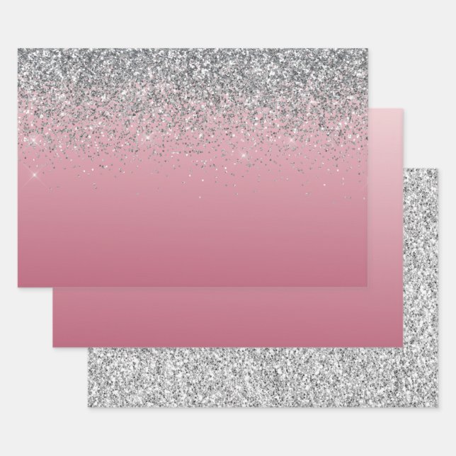 Girly Pink Silver Sparkle Glitter     Wrapping Paper Sheets (Set)