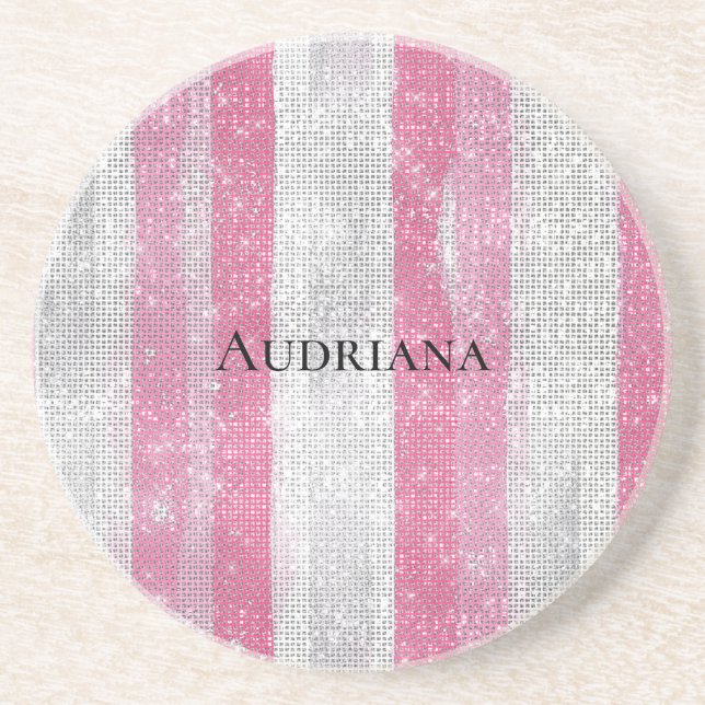 Girly Pink Silver Stripes Sparkle Christmas Coaster (Front)