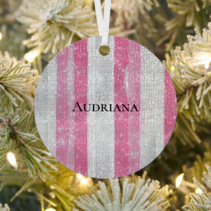 Girly Pink Silver Stripes Sparkle Christmas Metal Ornament