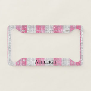Girly Pink Silver Stripes Sparkle License Plate Frame