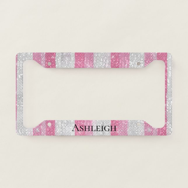 Girly Pink Silver Stripes Sparkle License Plate Frame (Front)