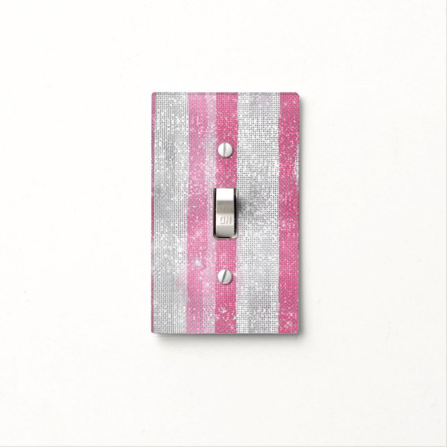 Girly Pink Silver Stripes Sparkle Light Switch Cover (In Situ)