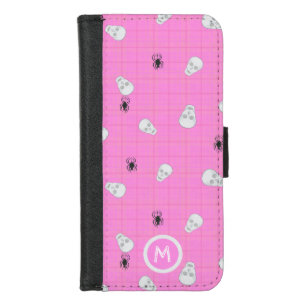 Girly pink Skulls & Spiders pink Halloween tartan iPhone 8/7 Wallet Case