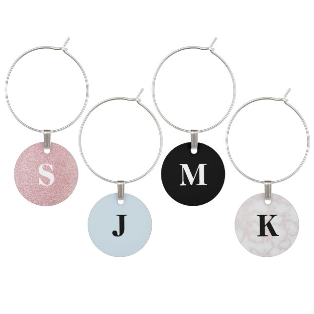 Girly Pink Sky Blue Marble & Black Monogram Letter Wine Charm (Staggered)