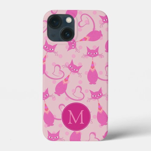 Girly Pink Sleek Cat Pattern Monogram iPhone 13 Mini Case