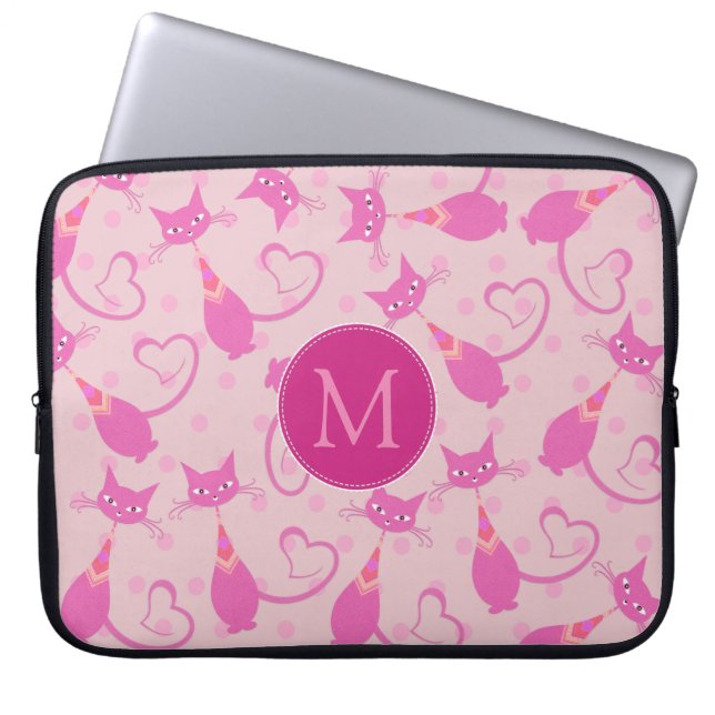 Girly Pink Sleek Cat Pattern Monogram Laptop Sleeve (Front)