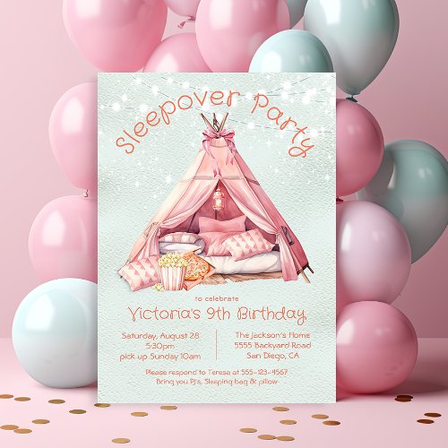 Girly Pink Sleepover Glamping Tent Birthday Invitation