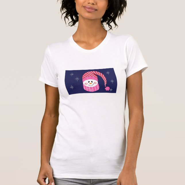 Girly Pink Snowman Snowy Night T-Shirt (Front)