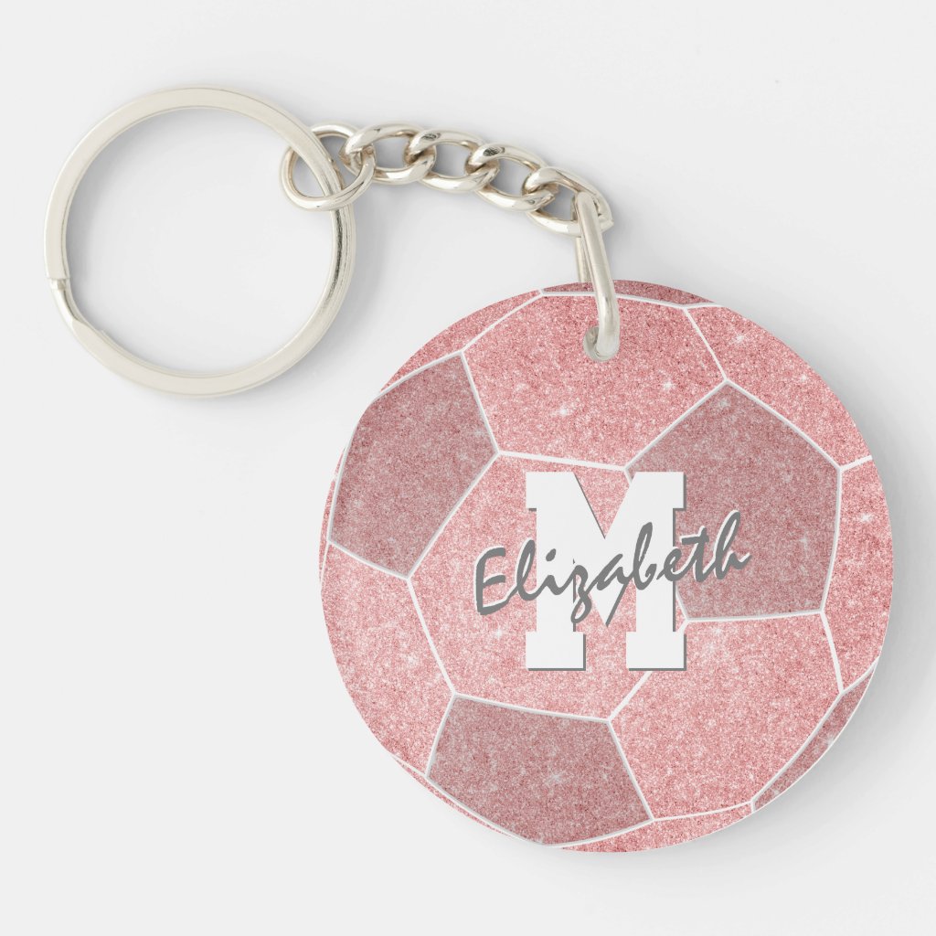 girly pink soccer bag tag with monogrammed keychain