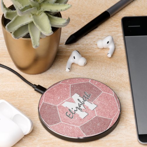 girly pink soccer monogrammed wireless charger 