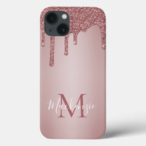 Girly Pink Sparkle Glitter Drips Monogram iPhone 13 Case