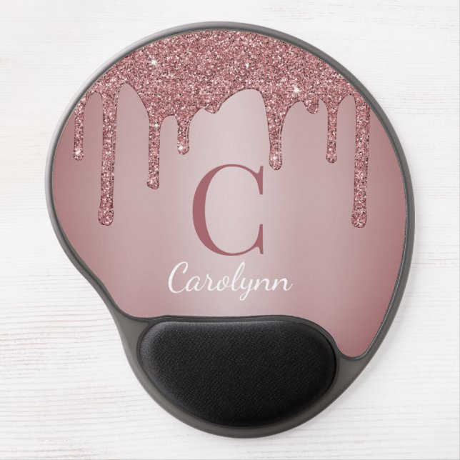 Girly Pink Sparkle Glitter Drips Monogram Gel Mouse Pad (Front)