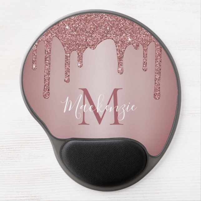 Girly Pink Sparkle Glitter Drips Monogram Gel Mouse Pad (Front)