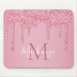 Girly Pink Sparkle Glitter Drips Monogram Mouse Pad