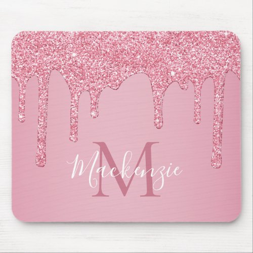 Girly Pink Sparkle Glitter Drips Monogram Mouse Pad