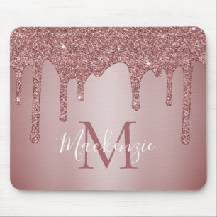Girly Pink Sparkle Glitter Drips Monogram Mouse Pad