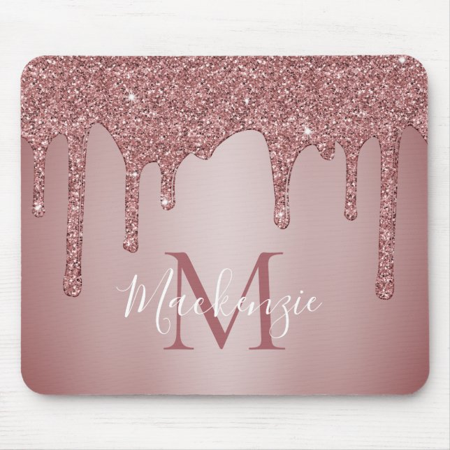 Girly Pink Sparkle Glitter Drips Monogram Mouse Pad (Front)
