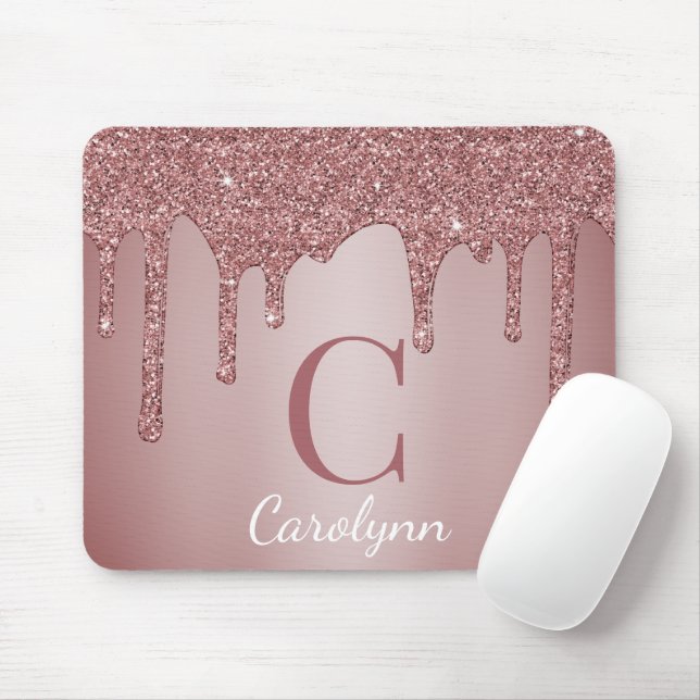 Girly Pink Sparkle Glitter Drips Monogram Mouse Pad (With Mouse)