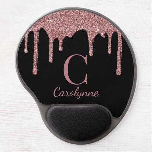 Girly Pink Sparkle Glitter Drips Monogram on Black Gel Mouse Pad