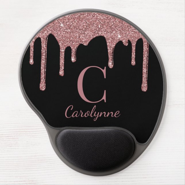 Girly Pink Sparkle Glitter Drips Monogram on Black Gel Mouse Pad (Front)