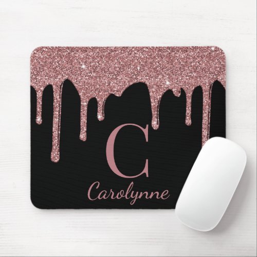 Girly Pink Sparkle Glitter Drips Monogram on Black Mouse Pad