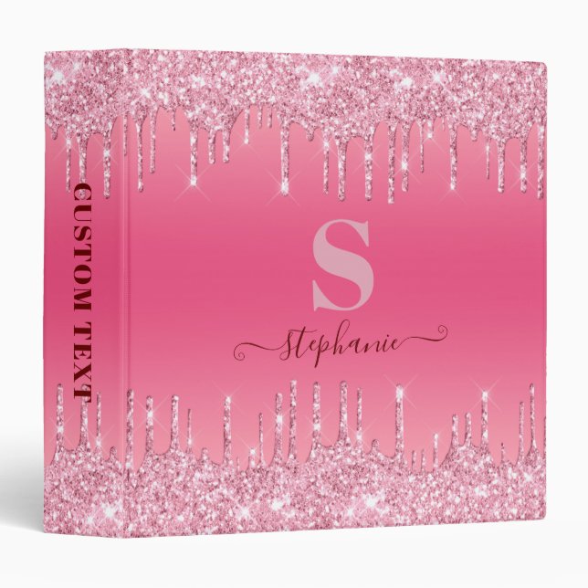 Girly Pink Sparkle Glitter Monogram 3 Ring Binder (Front/Spine)