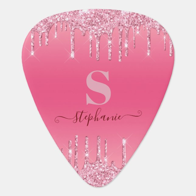 Girly Pink Sparkle Glitter Monogram Guitar Pick (Front)