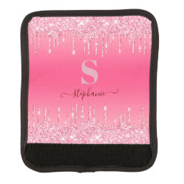 Girly Pink Sparkle Glitter Monogram Luggage Handle Wrap