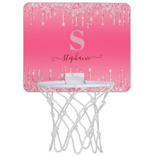 Girly Pink Sparkle Glitter Monogram Mini Basketball Hoop