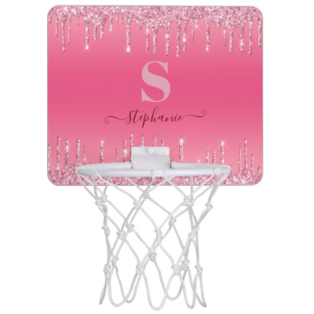 Girly Pink Sparkle Glitter Monogram Mini Basketball Hoop (Front)