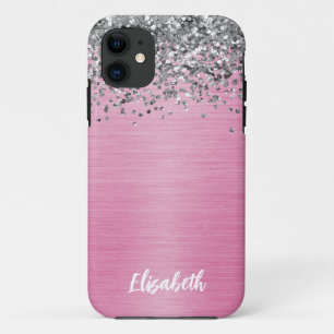 Girly Pink Sparkle Glitter Monogram Name iPhone 11 Case