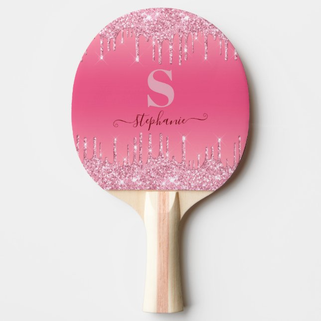 Girly Pink Sparkle Glitter Monogram Ping Pong Paddle (Front)